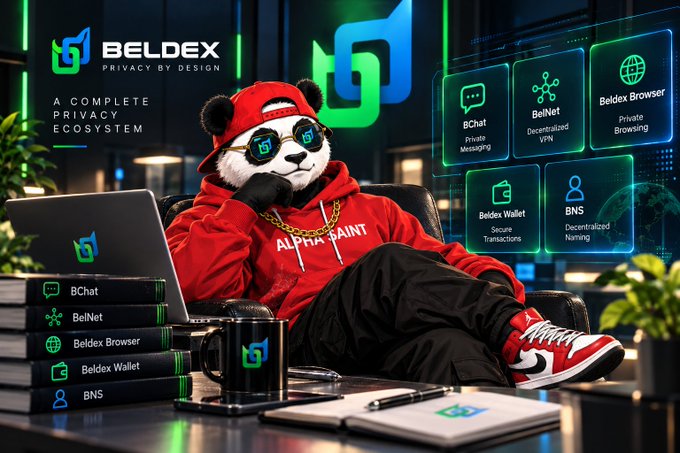 A promotional image for Beldex, a privacy ecosystem, features a panda mascot in a red hoodie labeled 'ALPHA SAINT' and sunglasses, lounging with a laptop, surrounded by icons for BChat, BelNet, Beldex Browser, Beldex Wallet, and BNS services.