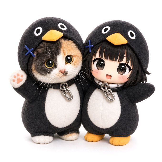 A calico cat and an anime-style girl pose side by side in matching penguin costumes with cute blue X accents, perfectly capturing the adorable "looks cute here" vibe.