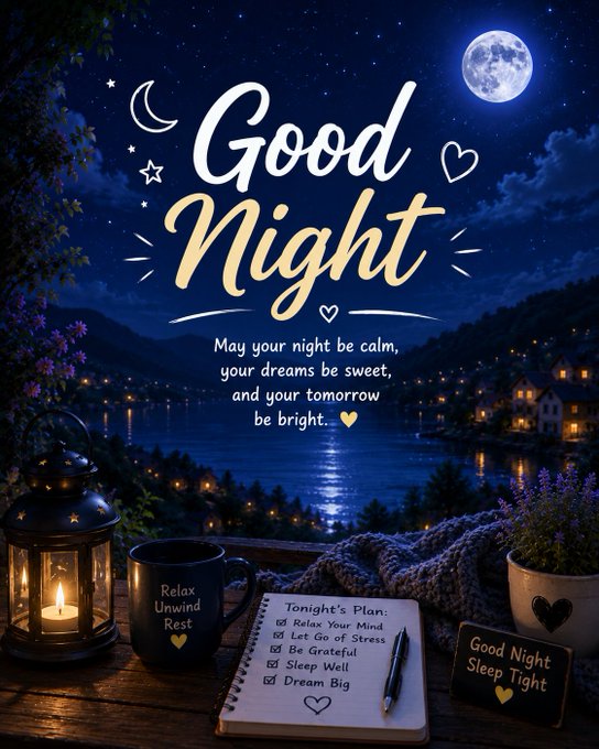 A nighttime 'Good Night' greeting card featuring a moonlit lake, a lantern, a 'Relax Unwind Rest' mug, and a 'Tonight's Plan' checklist with items like 'Relax Your Mind,' 'Let Go of Stress,' 'Be Grateful,' 'Sleep Well,' and 'Dream Big.'