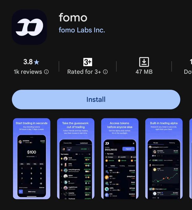 An app store listing for 'fomo' by fomo Labs Inc., showing a 3.8 star rating with 1k reviews, rated for 3+, and an Install button.