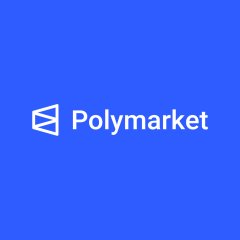 The image displays the Polymarket logo, featuring its white cube-like icon and name set against a solid blue background. This visual branding aligns with the announcement of Polymarket's new perpetual futures trading offering with up to 20x leverage.
