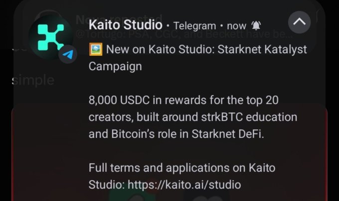 A screenshot of a Telegram notification from 'Kaito Studio' announcing a 'Starknet Katalyst Campaign' offering '8,000 USDC in rewards for the top 20 creators' related to 'strkBTC education'.