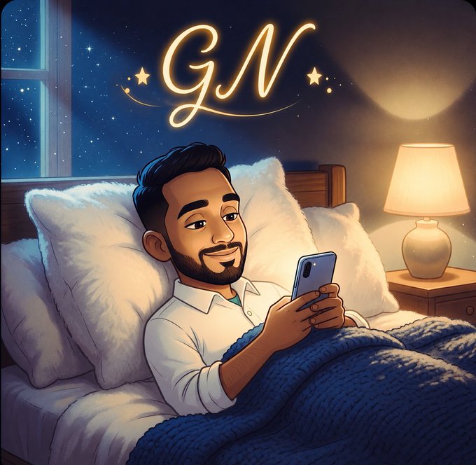 An illustrated cartoon of a man with a beard lying in bed at night under a blue blanket, looking at his phone with a smile, with glowing 'GN' (good night) text and stars in the sky above him.