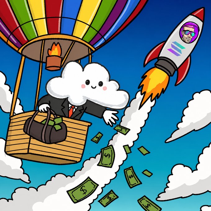 The image features a cartoon scene with a cloud-like character wearing a suit, holding a briefcase filled with money. The cloud has a big smile on its face as it floats above a rocket that is flying through the sky. The rocket is powered by money and is heading towards the bottom right corner of the image. In the background, there are clouds floating in the sky, adding to the whimsical atmosphere of the scene.