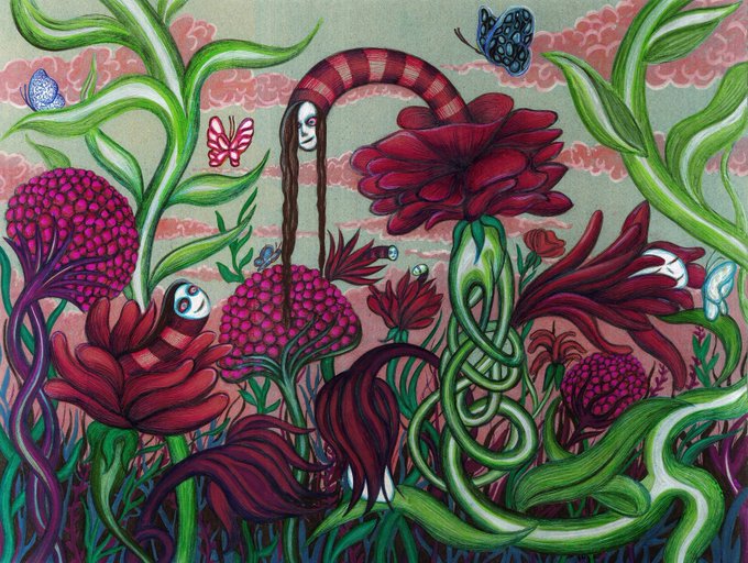 A vibrant surreal illustration depicting a fantastical garden filled with large pink and red flowers, twisting green vines, butterflies, and small hidden faces among the foliage.