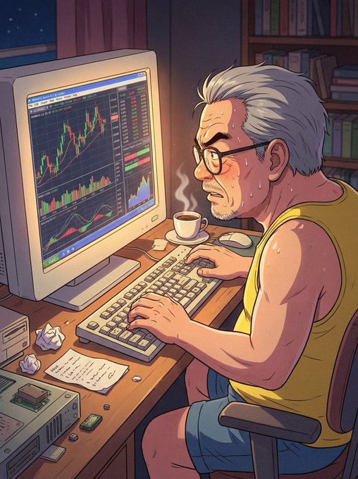 The image features an older man sitting at a desk, working on his computer with a cup of coffee nearby. The scene takes place during nighttime, which is often associated with relaxation and winding down after a long day. The man appears to be focused on his work or perhaps browsing the internet for information related to cryptocurrency. The post about nighttime planning and goals seems to have inspired him to spend time working on his computer at night.