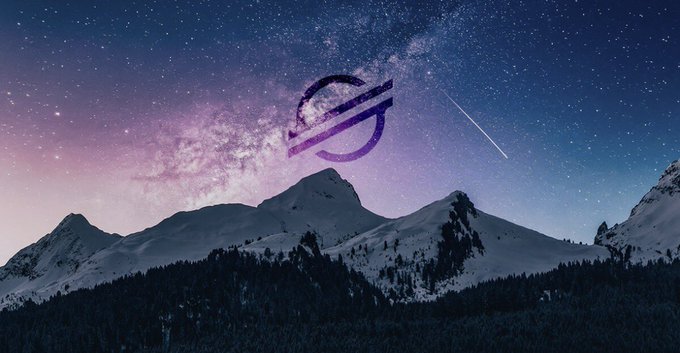 Night sky over snow-capped mountains featuring the Milky Way galaxy and a shooting star, overlaid with a purple logo.