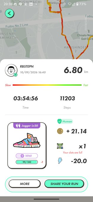 A screenshot of a fitness tracking app shows a 6.80 km run completed in 03:54:56 with 11,203 steps on 10/09/2026 by user RBSTPN, featuring a 'Jogger Lv30' achievement.