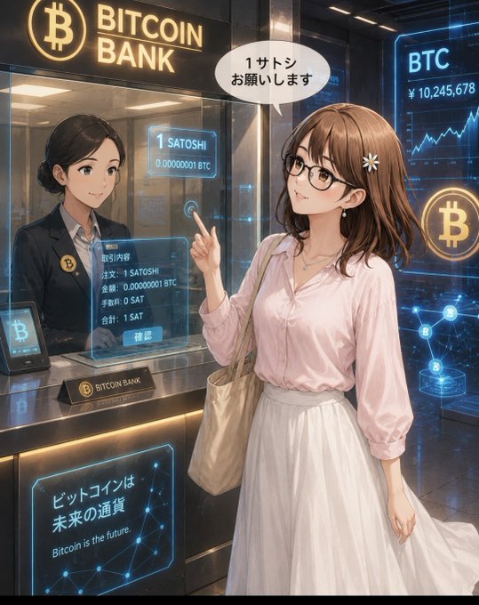 An anime-style illustration shows a woman asking for '1サトシ' (1 satoshi) at a 'BITCOIN BANK,' where the display shows '0.00000001 BTC' and 'BTC ¥10,245,678'.