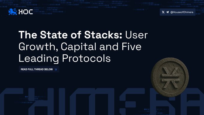 A graphic titled 'The State of Stacks: User Growth, Capital and Five Leading Protocols' from 'House of Chimera' (@HouseOfChimera) with a bronze coin-like logo.