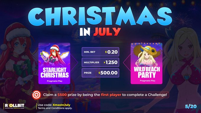 A promotional graphic for a "Christmas in July" online casino challenge featuring two games, "Starlight Christmas" and "Wild Beach Party" with a $0.20 minimum bet, 1.250 multiplier, and $500 prize, alongside characters in Santa hat and sun hat attire, advertising the "XmasInJuly" promo code with 5/20 challenges completed.