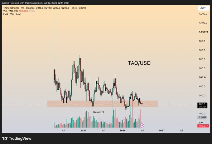 A TradingView weekly chart of TAO/USDT on Binance shows price at 203.8, down 5.30% for the week, sitting within the highlighted horizontal support zone between roughly 200 and 280 that has repeatedly caught major lows since 2024, with volume at 193.07K against a 1.16M average.