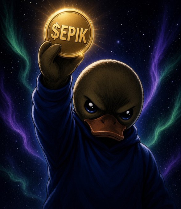 A digital illustration of an angry-looking duck wearing a blue hoodie, holding up a golden coin emblazoned with the text '$EPIK' against a starry, cosmic background with green and purple auroras.