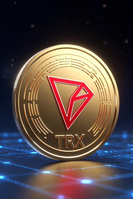 A 3D render of a shiny gold TRX (Tron) cryptocurrency coin floating against a dark blue starry background with glowing circuit lines.