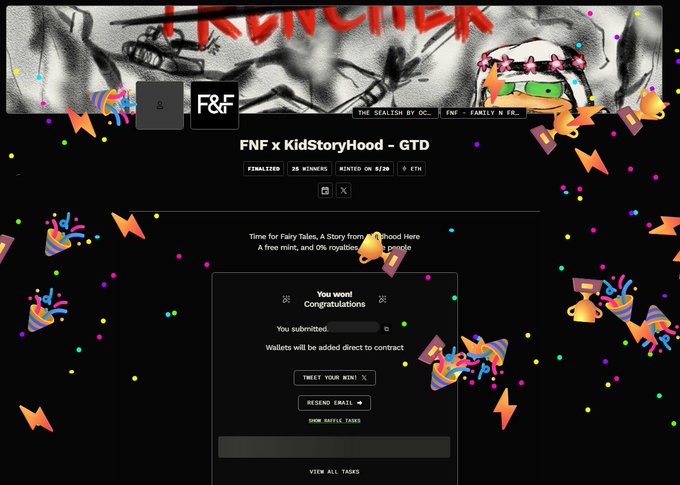A confirmation page for winning an NFT mint from the 'FNF x KidStoryHood - GTD' collection, with options to tweet, resend email, or view all won NFTS.