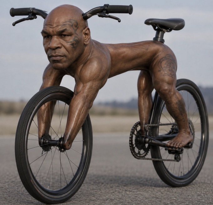 The image shows former heavyweight boxing champion Mike Tyson transformed into a surreal half-man, half-bicycle hybrid, with his muscular arms and legs forming the frame between the two wheels. This visual pun cleverly plays on the caption's wordplay about "two wheels" being paired with "Mike Tyson," turning the boxer literally into a bicycle.

The accompanying text appears to be a playful social media post riffing on cryptocurrency memecoin and stock pairings, suggesting that the novelty of "two wheels paired with Mike Tyson" outshines typical financial pairings — a humorous nod to the absurd, attention-grabbing nature of both the meme and the bizarre image.