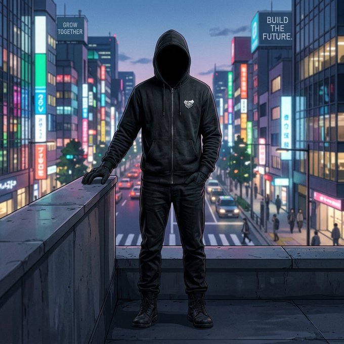 A stylized, comic-book style illustration of a faceless, shadowy figure in a black hoodie and dark pants standing on a rooftop overlooking a vibrant city street at dusk, with billboards reading 'GROW TOGETHER' and 'BUILD THE FUTURE'.