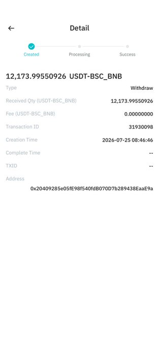 A BitMart withdrawal detail screen showing 12,173.99550926 USDT-BSC_BNB stuck in "Created" status for 2 days, with Transaction ID 31930098 dated 2026-07-25, illustrating the user's complaint about delayed withdrawal approvals.