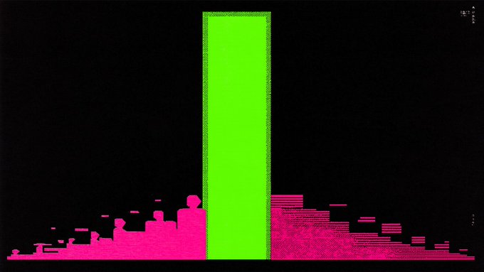 An audio waveform visualization shows a tall green central spike flanked by pink/magenta audio peaks on either side against a black background.