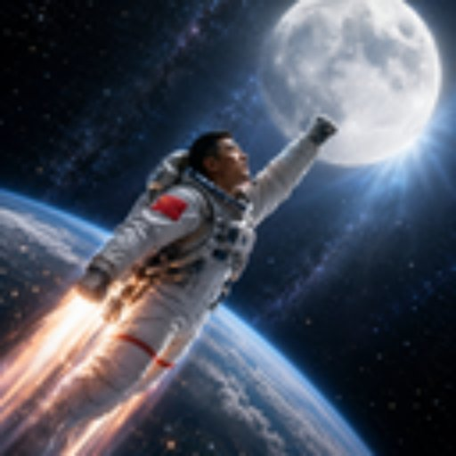A CGI image of an astronaut in a white spacesuit with a red Chinese flag patch, floating in space with one fist raised toward a large moon, with Earth visible in the background.