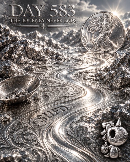 A striking silver-toned artwork displays a flowing river of silver winding through a rocky landscape, featuring a "Walking Liberty" silver coin, the word "SUED" embedded in the metal, and the text "DAY 583: THE JOURNEY NEVER ENDS" at the top. The image visually reinforces the post's message by depicting $UFD as "digital silver," emphasizing silver's practical utility through the iconic silver coin imagery and the flowing, usable nature of the metal's design.