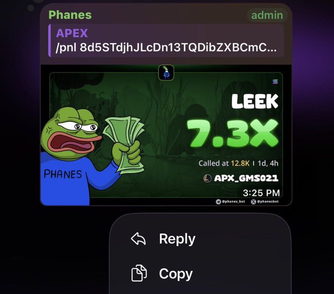 Telegram bot message from 'Phanes' admin showing a LEEK token call at 12.8K with 7.3X multiplier result for APX_GMS021, featuring a cartoon Pepe holding money.