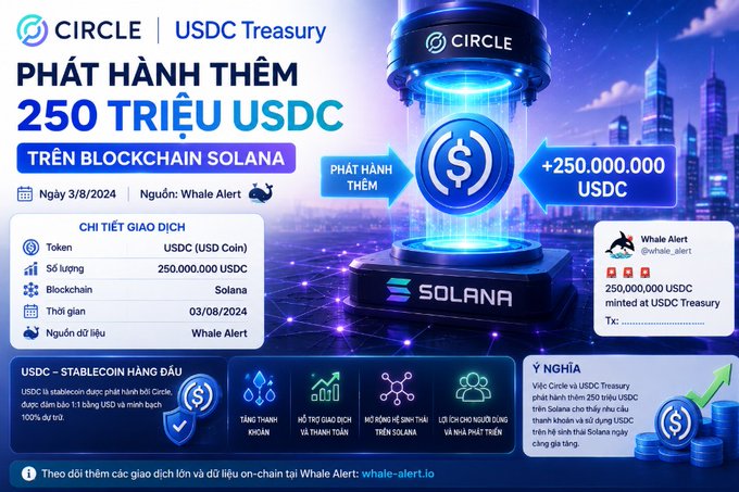 The image is an infographic from Whale Alert reporting that Circle's USDC Treasury minted an additional 250,000,000 USDC on the Solana blockchain on August 3, 2024, highlighting this as a significant stablecoin issuance event for the Solana ecosystem.