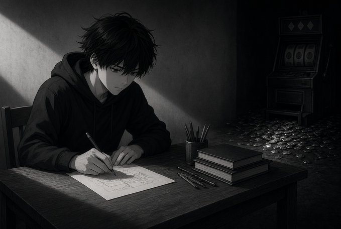 A black-and-white anime-style illustration depicts a young man in a hoodie sitting at a wooden table writing on paper, with a slot machine visible in the dark background surrounded by coins.