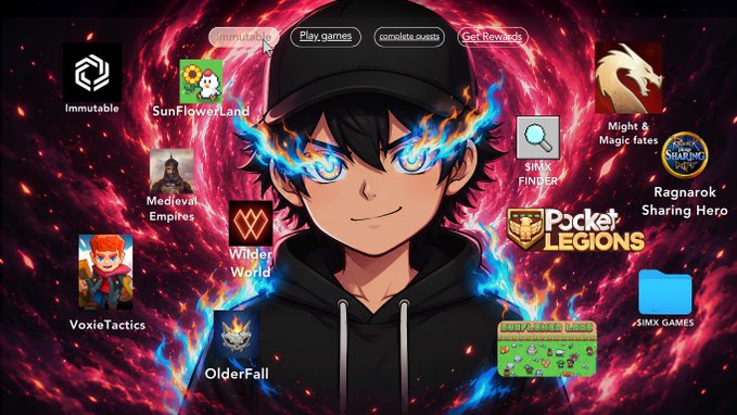 An anime-style gamer desktop wallpaper featuring a character with blue flame eyes surrounded by gaming icons and folders labeled with games like Immutable, SunFlowerLand, Medieval Empires, Wilder World, VoxieTactics, OlderFall, SIMX FINDER, Pocket Legions, Might & Magic fates, and Ragnarok Sharing Hero.