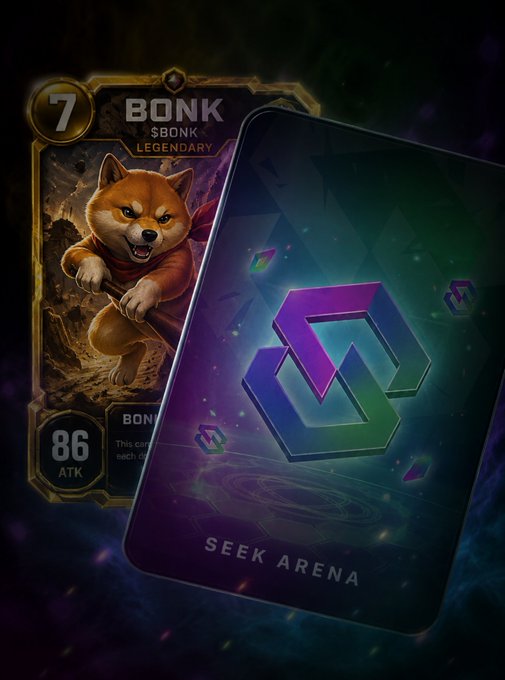 A promotional graphic featuring a 'Legendary' trading card of a 'BONK' Shiba Inu dog character alongside a holographic digital card labeled 'SEEK ARENA'.