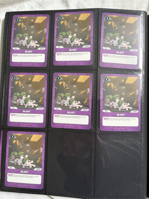 Seven identical "BLAST" trading cards are displayed in a black binder, each featuring artwork of a bulldog in a green hat amid flying debris with a "2" cost symbol and "SURGE" keyword, visually representing the Doginal Dogs ($DDL) community branding referenced in the post.