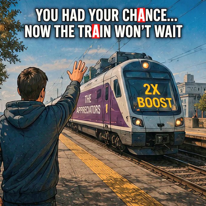 The image features a man waving at a purple train with "2x holder" written on its side, which suggests that the train may be part of an exclusive club or organization. The man's hand gesture indicates his appreciation for the train service provided by the company. The background includes trees and buildings, giving context to the setting where the train is passing through. The post also mentions a "boost" in the image, possibly referring to the train's performance or the benefits it offers its passengers.