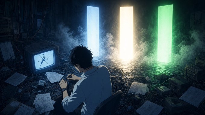 Anime-style illustration of a dark-haired boy working at a desk with a cracked TV monitor, illuminated by blue, yellow, and green glowing portals in a smoky room scattered with papers.