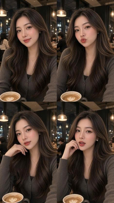 A 2x2 collage of selfies featuring a young woman with long brown hair wearing a gray cardigan at a cafe, posing with a cup of latte art in each shot.