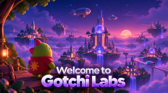 A vibrant fantasy promotional graphic reading 'Welcome to Gotchi Labs' featuring a cute yellow creature looking out at floating magical castles, airships, and waterfalls in a purple and pink twilight sky.