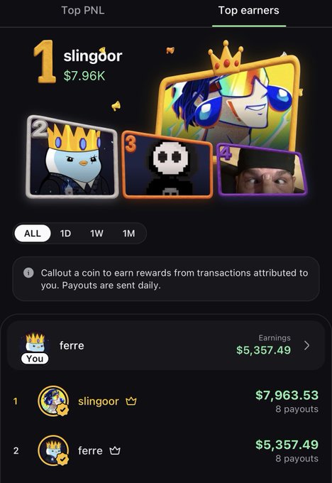 A leaderboard from the PumpFun app shows the top earners, with user "slingoor" in 1st place earning $7,963.53 across 8 payouts, and "ferre" in 2nd with $5,357.49, highlighting a successful week of crypto earnings.
