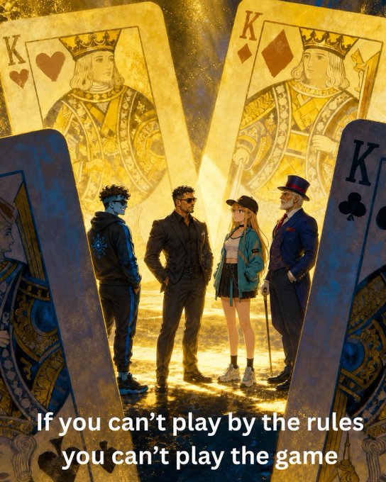 The image features a poster with two large King cards, one of which has a person standing behind it wearing sunglasses. Below these cards are three smaller cards depicting people dressed in suits and ties. The text "If you can't play by the rules you can't play the game" is written below the King cards.