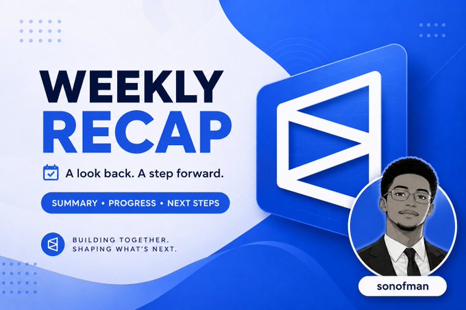 The image features a poster or banner that says "Weekly RECAP" at the top, followed by a picture of a man wearing glasses and a suit. The text below the image reads "A Look back. A step forward. Summary + progress - next steps". There is also a caption underneath the image that reads "Building together, shaping what's next."