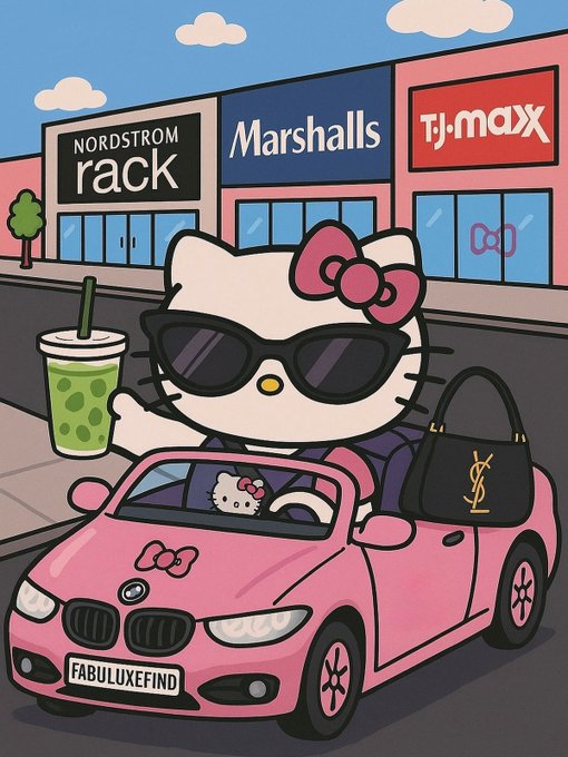 Cartoon illustration of Hello Kitty wearing sunglasses and a pink bow driving a pink BMW convertible with a YSL handbag, holding a matcha drink, parked in front of Nordstrom Rack, Marshalls, and TJ Maxx stores, with license plate 'FABULUXEFIND'.