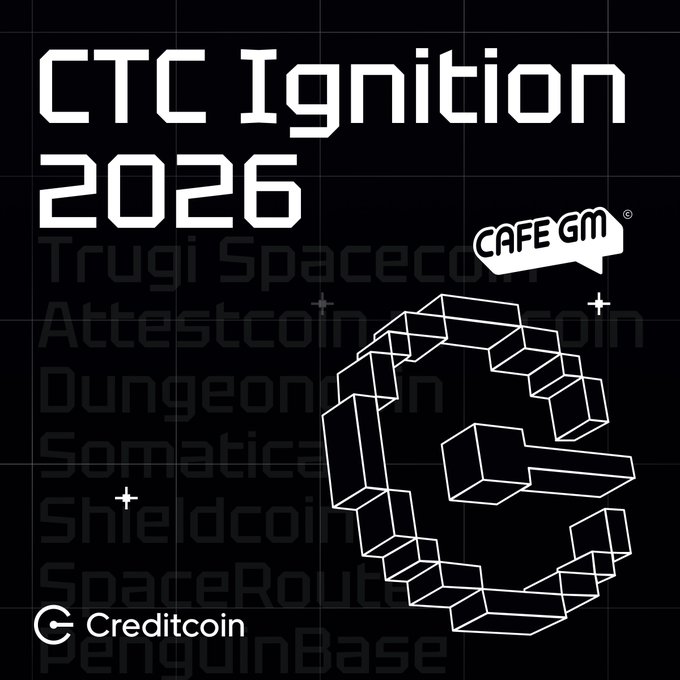 Promotional graphic for "CTC Ignition 2026" featuring a large stylized number "6" made of 3D blocks, alongside logos for Creditcoin and Cafe GM, with background text listing ecosystem projects including Trugi Spacecoin, Attestcoin, Dungeon, Somatica, Shieldcoin, SpaceRoute, and PenguinBase—matching the post's mention of ecosystem builders attending the privately hosted event.
