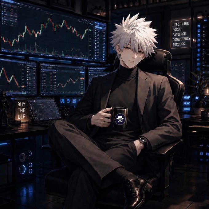 The image features a man sitting in an office chair, wearing a suit and holding a coffee cup. The background shows a computer screen displaying stock market data, suggesting that he might be working in finance or analyzing trends related to the stock market. The caption of the image reads "GM CT It's a new month and which means a new route for improvement The best marketing is a working product @ice_blockchain Exicted for y'all to see the exciting results $ION brings." This implies that the man might be involved in analyzing or promoting financial products, possibly related to the stock market.