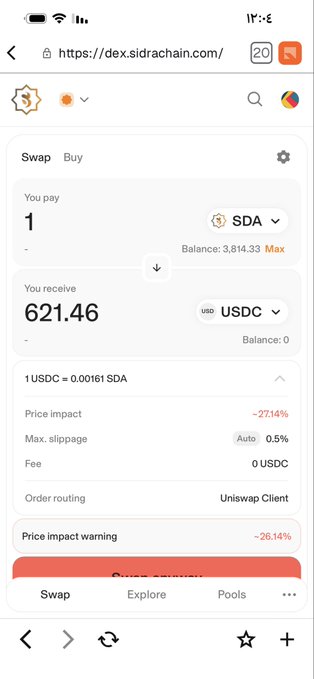 A screenshot of a crypto swap interface on dex.sidrachain.com showing an exchange from 1 SDA to 621.46 USDC, with a high price impact warning of -27.14%.