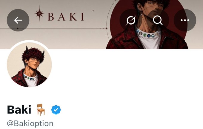 Twitter/X profile screenshot for "Baki" (@Bakioption) featuring anime-style artwork of a scarred character in a red jacket.
