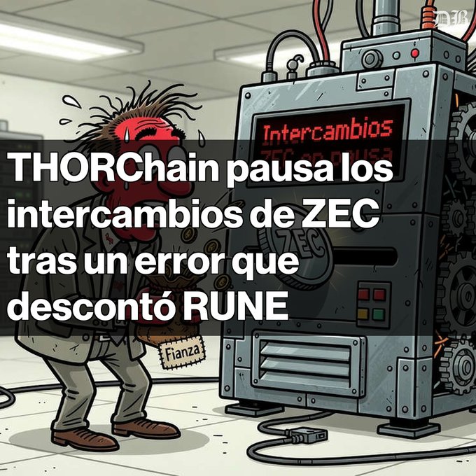 A Spanish-language crypto news graphic titled 'THORChain pausa los intercambios de ZEC tras un error que descontó RUNE,' featuring a cartoon of a frazzled man next to a machine displaying 'Intercambios.'