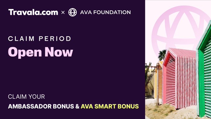 A promotional banner for Travala.com x AVA Foundation announcing that the claim period is 'Open Now' for Ambassador Bonus and AVA Smart Bonus, with colorful beach huts pictured on the right.