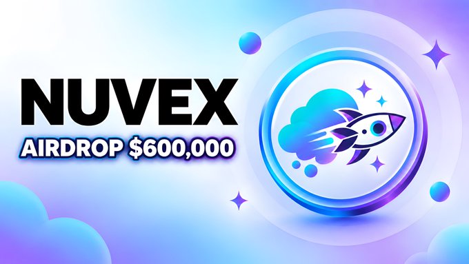 A promotional graphic for the "NUVEX AIRDROP $600,000" featuring a stylized rocket and cloud logo in blue and purple tones, advertising a $NUVEX token distribution event with listing on major exchanges like Binance and Bybit on September 25th.