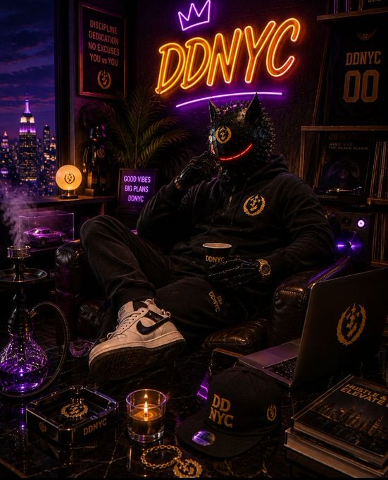 A digitally illustrated character wearing a spiked black mask with a glowing red smile sits in a leather chair in a neon-lit room with a 'DDNYC' neon sign and various branded merchandise.