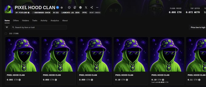 The image shows a Robinhood Clan profile page displaying 333 minted "PIXEL HOOD CLAN" NFT items, each priced around 0.095 ETH with a top offer of 0.072 ETH, directly related to the post's celebration of the user's first NFT mint of 10 PixelOrd items at 0.015 ETH.