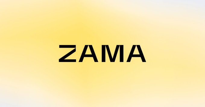 The image displays the word "ZAMA" in bold black letters centered on a soft yellow gradient background, serving as a clean brand visual for the announcement that Zama has strategically hired Fahim Sachedina to help drive global adoption of its technology.