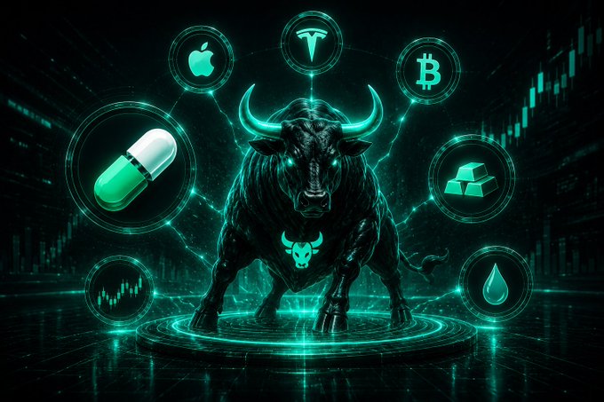 A digital illustration of a black bull surrounded by glowing teal icons representing Apple, Tesla, Bitcoin, gold bars, water, and pharmaceutical capsules, with stock charts in the background.